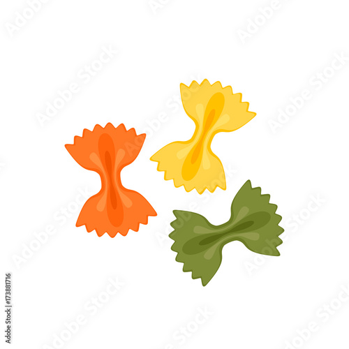 Italian cuisine. Pasta farfalle tricolore - red, green, yellow. Vector illustration cartoon flat icon isolated on white.