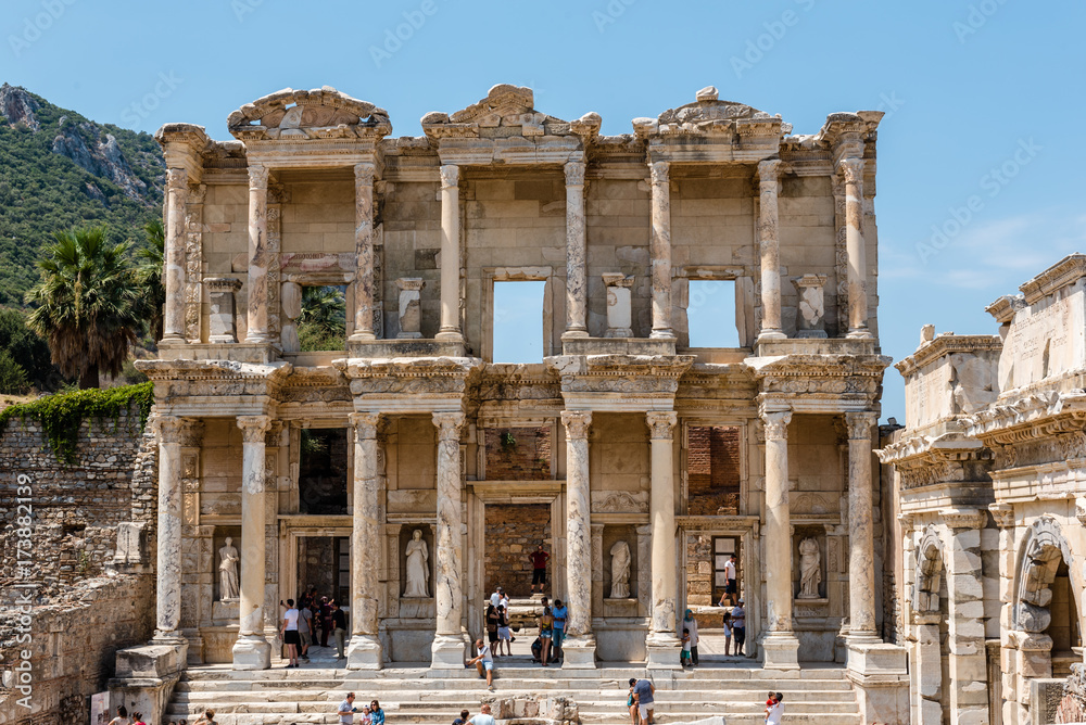 General view of Ancient Celsus Library at Ephesus historical ancient city, in Selcuk,Izmir,Turkey:20 August 2017