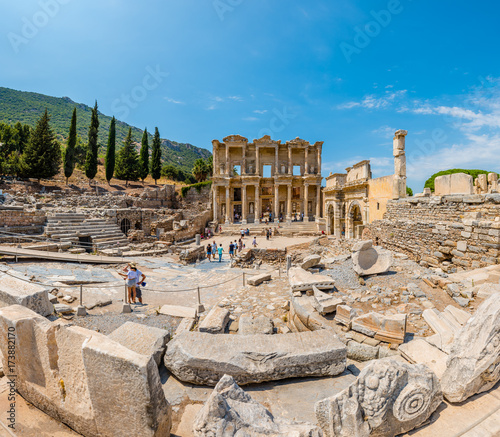 High Resolution panoramic view of Ancient Celsus Library at Ephesus historical ancient city, in Selcuk,Izmir,Turkey:20 August 2017