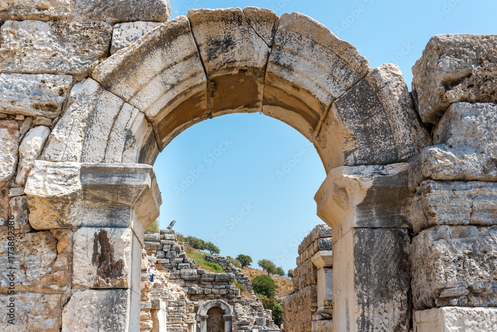 General view of marble Ruins in Ephesus historical ancient city, in Selcuk,Izmir,Turkey.