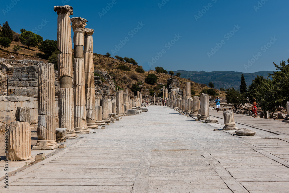 Colonnaded Curetes Street of ancient ruins at Ephesus historical ancient city, in Selcuk,Izmir,Turkey:20 August 2017