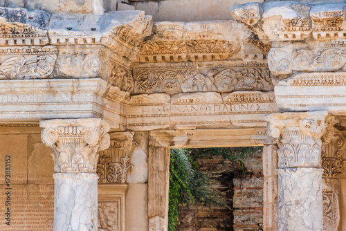 Close Detailed view of Ancient Celsus Library at Ephesus historical ancient city, in Selcuk,Izmir,Turkey.