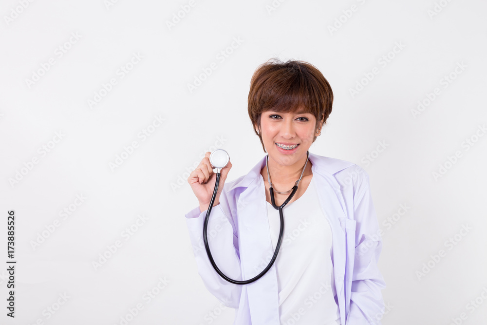 Young Asia Doctor with stethoscope. Isolated on white background. Studio lighting. Concept for healthy Young Asia Doctor with stethoscope. Isolated on white background. Studio lighting. Concept for healthy