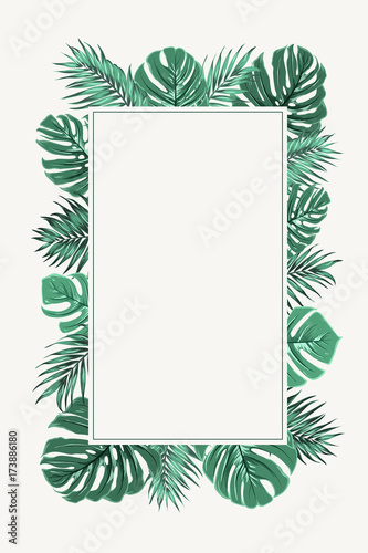 Rectangular border frame template decorated with exotic tropical jungle rainforest bright green palm tree and monstera leaveswhite. Vertical portrait aspect ratio. Place for text. White background.