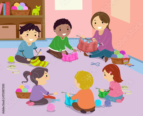 Stickman Kids Knitting Club Illustration