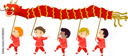 Stickman Kids Dragon Dance Boys Illustration