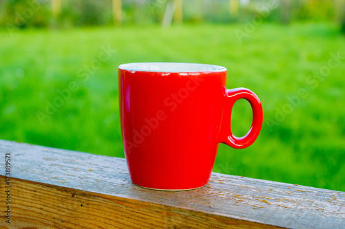 red cup with herbal tea on wooden plank