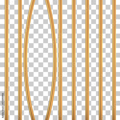 Broken golden prison bars on transparent. Vector illustration. Way out to freedom from gold cage concept