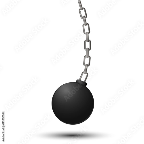 Wrecking ball. Demolition sphere hanging on chains. Vector illustration isolated on white