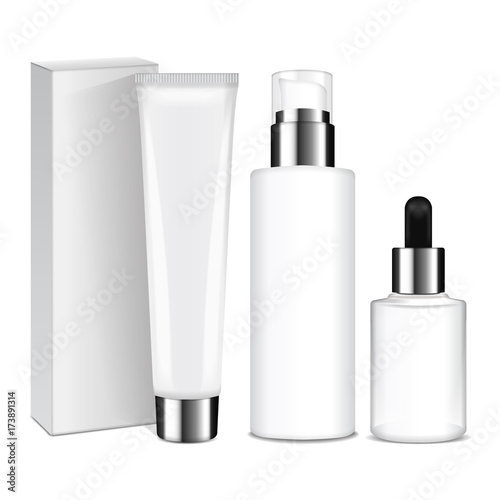 Realistic cosmetic bottles with silver caps. Vector containers and tubes for cream, lotion, gel, balsam, foundation cream. 3d Illustration