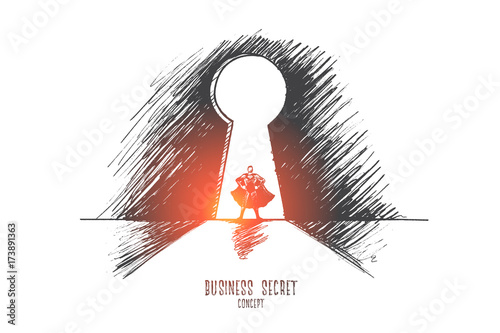 Business secret concept. Hand drawn superman in keyhole. Successful businessman isolated vector illustration.