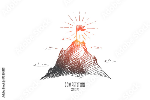 Competition concept. Hand drawn businessmen climbing on mountain. Competition between businessmen isolated vector illustration.