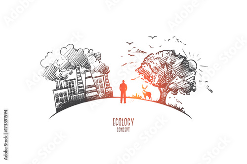 Ecology concept. Hand drawn urban factory and park with tree. Person between two worlds isolated vector illustration.