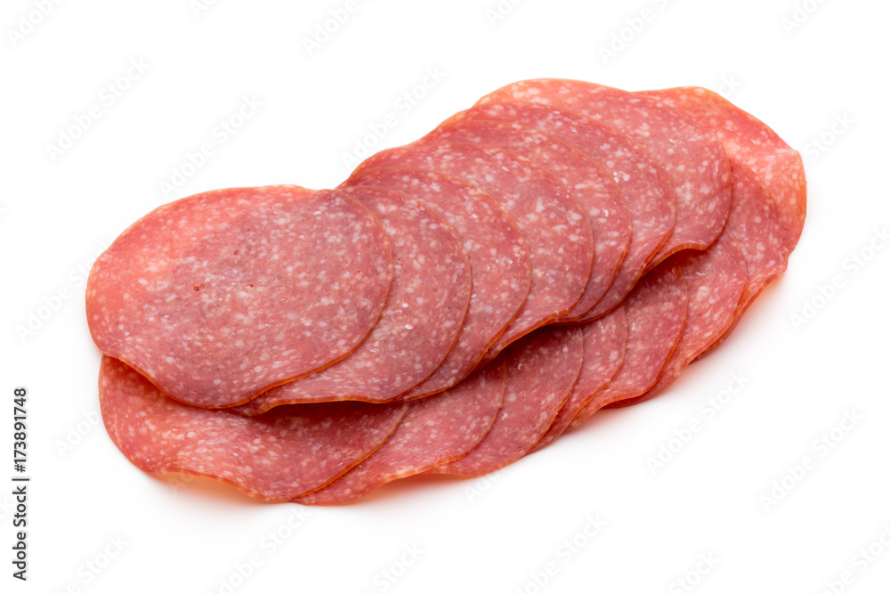 Salami slices isolated on white background. Salami slices isolated on white background.