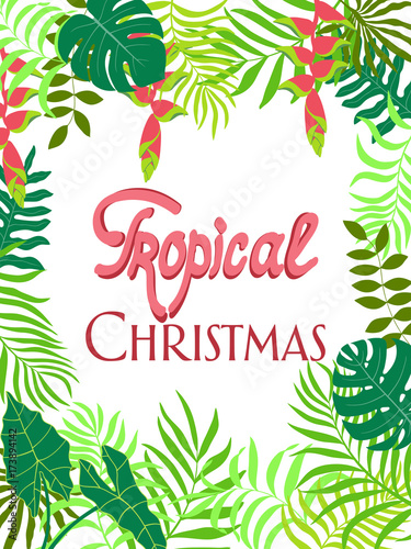 Tropical background with palm leaves. Written phrase - Tropical Christmas