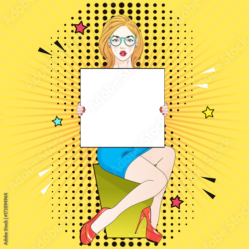 Pop Art Vintage advertising poster comic girl in blue dress and red labutenes sits and holds a white banner. Vector illustration