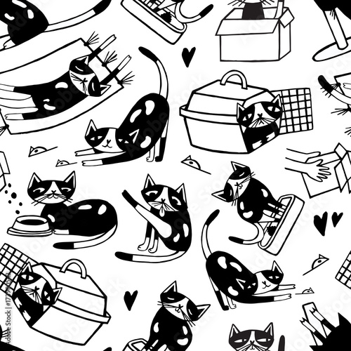 Seamless pattern with cute cat washing itself, stretching, playing, sleeping....