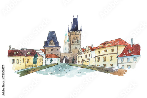 Watercolor painting of Charles bridge in Prague, Czech Republic, Europe.