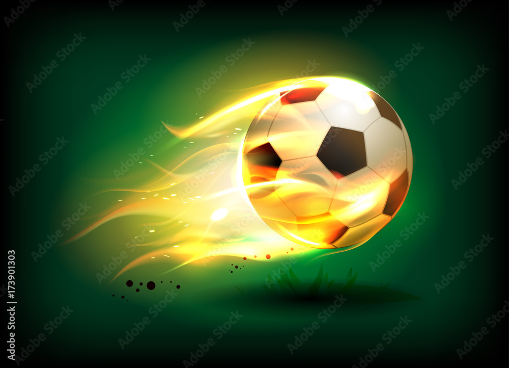 Fototapeta premium Vector illustration of a football, soccer ball in a fiery flame on a green field
