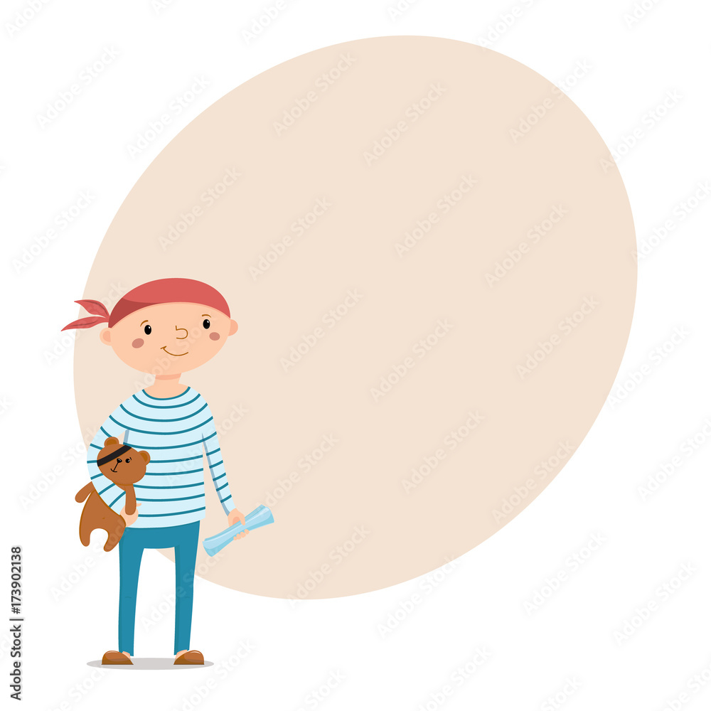 Little boy dressed as sailor holding teddy bear with pirate eye patch and round place for text, cartoon vector illustration isolated on white background. Kid boy pirate in sailor shirt with teddy bear Little boy dressed as sailor holding teddy bear with pirate eye patch and round place for text, cartoon vector illustration isolated on white background. Kid boy pirate in sailor shirt with teddy bear
