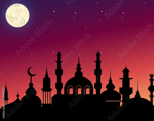 Vector illustration of beautiful silhouette arabic architecture on evening sky background with stars and moon. Ramadan Kareem concept in flat style.