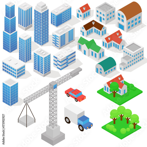 Industrial based on isometric projection of a three-dimensional houses, buildings, cranes, cars and other design elements necessary creative designers for web projects vector illustration in flat