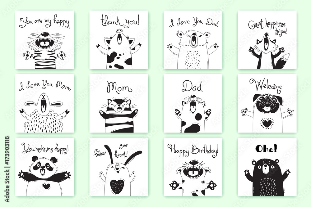 Cards with funny animals and exclamations. Tiger Pig Bear Fox Sheep Cat Pug Panda Rabbit for the design of childrens parties, rooms, stickers, posters, t-shirts