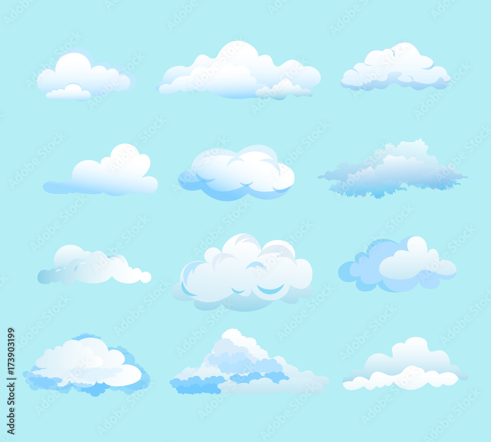 Vector illustration of white clouds on light blue background in flat cartoon style. Different shapes of clouds.
