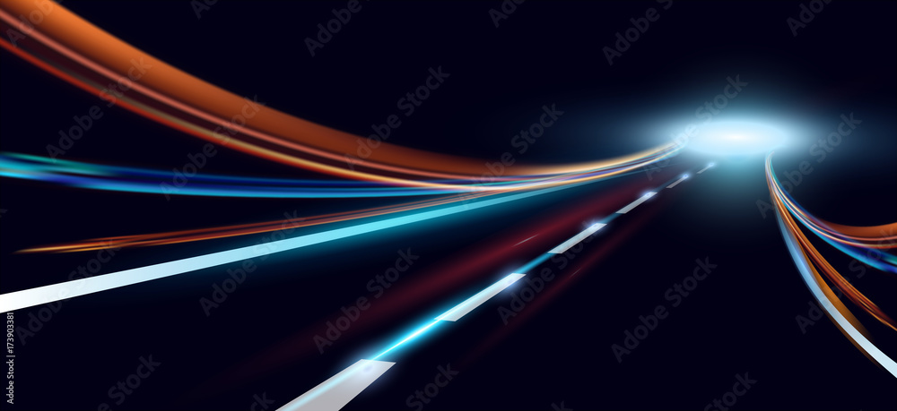 Vector illustration of dynamic lights. High speed road in night time abstraction. City road car light trails motion background. - obrazy, fototapety, plakaty 