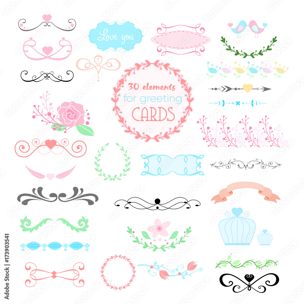Vector illustration of wedding graphic set, arrows, hearts, laurel, wreaths, ribbons, labels and other elements in pastel colors on white background in flat cartoon style. Vector illustration of wedding graphic set, arrows, hearts, laurel, wreaths, ribbons, labels and other elements in pastel colors on white background in flat cartoon style.