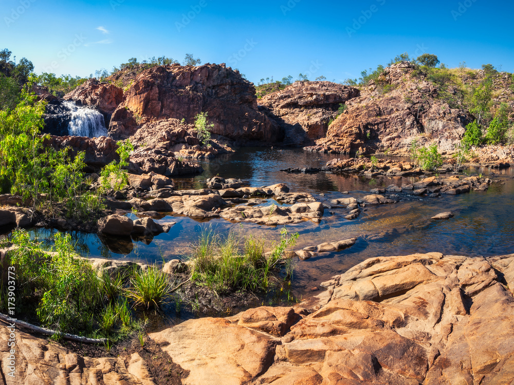 Panoramic view at the upper waterfall and pools of Edith Falls  in the Nitmiluk National Park, Northern Territory,  Australia.