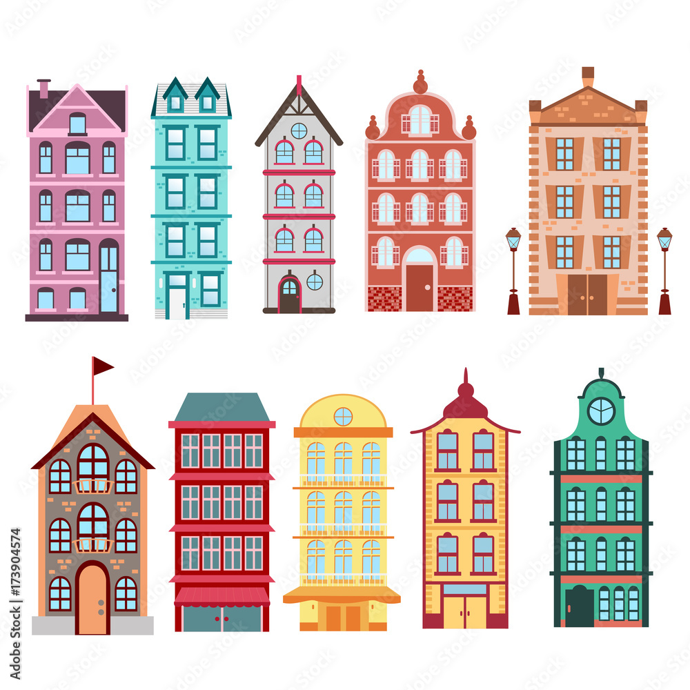 Colorful and bright Amsterdam, dutch city s houses set on white background Vector illustration in flat style.