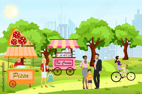 Vector illustration in cartoon flat style of street food festival with people and trucks in park with modern city on background. Street food festival and market illustration.