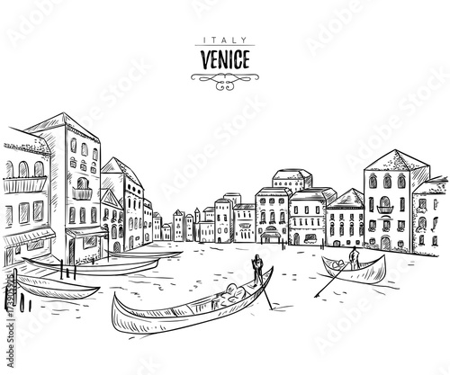Venice. Cityscape with houses, canal and boats. Vintage vector illustration in sketch style