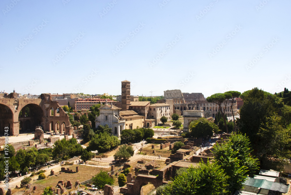 The ancient ruins of the Roman Forum, Italy, as seen from the Palatine Hill