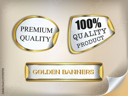 Golden Origami paper info-graphic gold banners set. Annotation ribbon. Advertising Design shape. Speech talking cloud. Vector label tag.