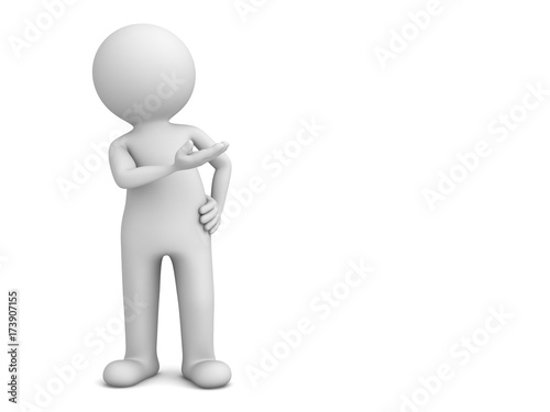 3d man presenter standing and pointing hand at blank space isolated over white background with shadow . 3D rendering.