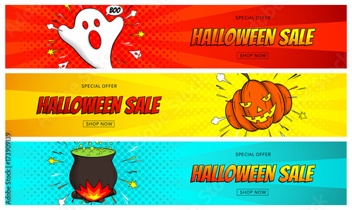 Set of Halloween Sale Web Banners. Seasonal shop discount banners with promo Offer. Vector Illustration in Pop Art Style.