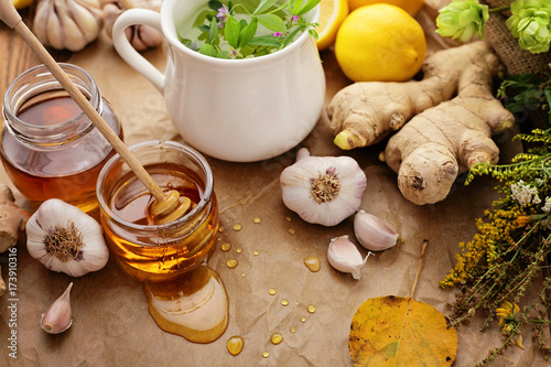 herbal tea and honey photo