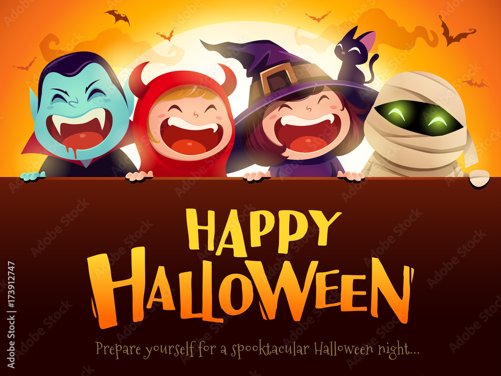 Fototapeta premium Happy Halloween Party. Group of kids in halloween costume with big signboard. In the moonlight.
