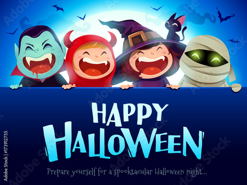 Happy Halloween Party. Group of kids in halloween costume with big signboard. In the moonlight.