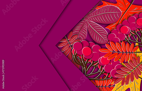 Autumn floral lilac background. Maple, chestnut leaf, rowanberry branch with decorative frame for text. Design elements for fall seasonal banner, poster, teacher's Day or Thanksgiving greeting card.