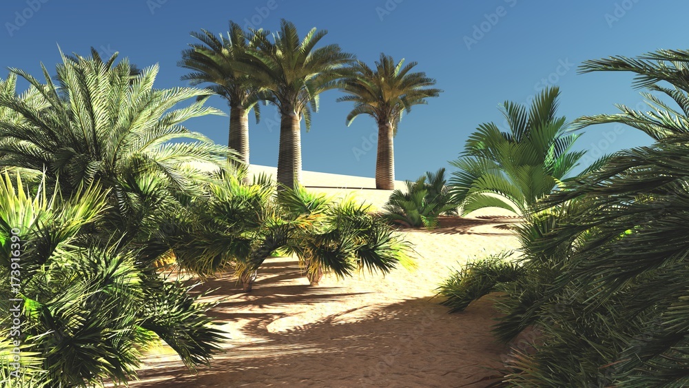 Fototapeta premium Amazing sight on Sahara desert at sunset 3d rendering