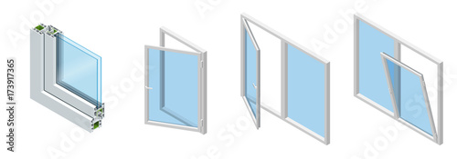 Isometric Cross section through a window pane PVC profile laminated wood grain, classic white. Set of Cross-section diagram of glazed windows.