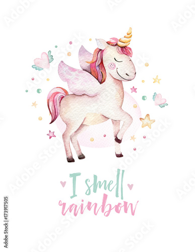 Isolated cute watercolor unicorn kids poster. Nursery unicorns illustration. Princess unicorns drawing. Trendy pink cartoon magic horse.