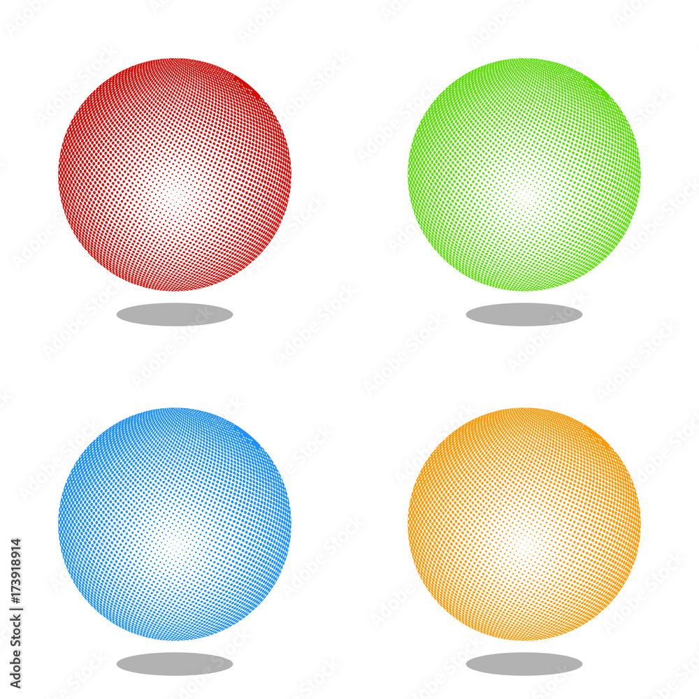 Abstract globe dotted sphere, 3d halftone effect vector background. Color set of vector illustration. Abstract globe dotted sphere, 3d halftone effect vector background. Color set of vector illustration.