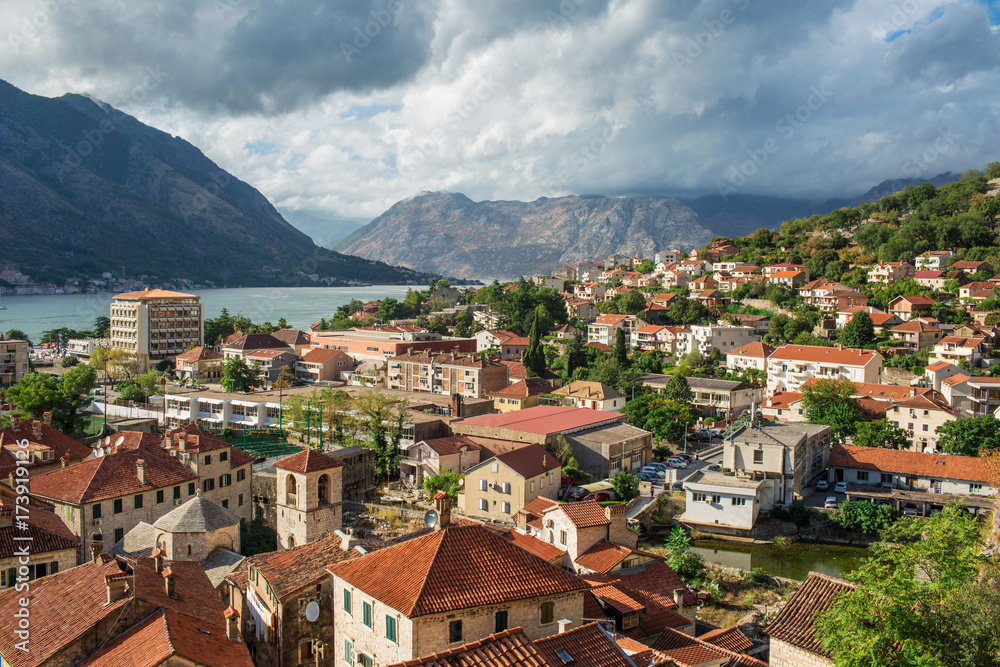 Scenic View To Bay Of Kotor A Medieval Town In Montenegro By the Coast Of Adriatic Sea And The Limestone Cliffs Of Mountain Lovcen, With Venetian Fortress