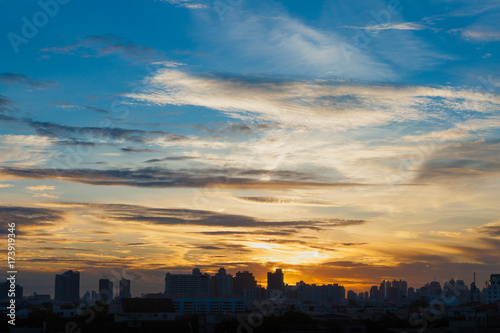 Aerial view of dramatic sunset / sunrise in Bangkok, Thaland.