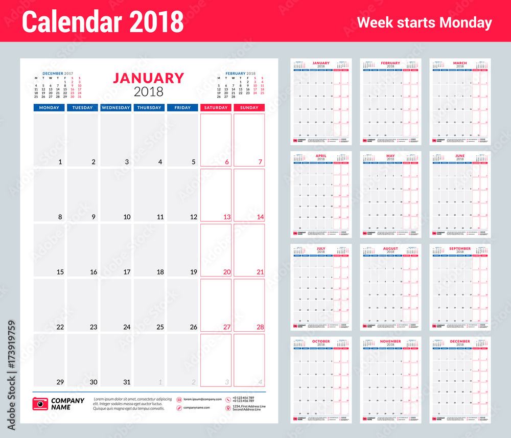 Calendar planner design template for 2018 year. Portrait orientation ...