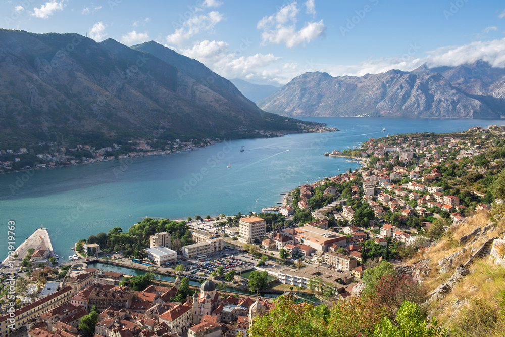 Scenic View To Bay Of Kotor A Medieval Town In Montenegro By the Coast Of Adriatic Sea And The Limestone Cliffs Of Mountain Lovcen, With Venetian Fortress